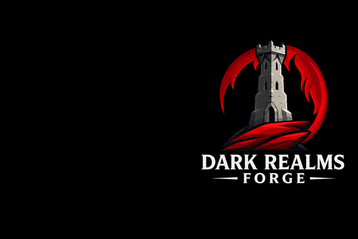 Bandeau noir avec le logo DARK REALMS FORGE à droite