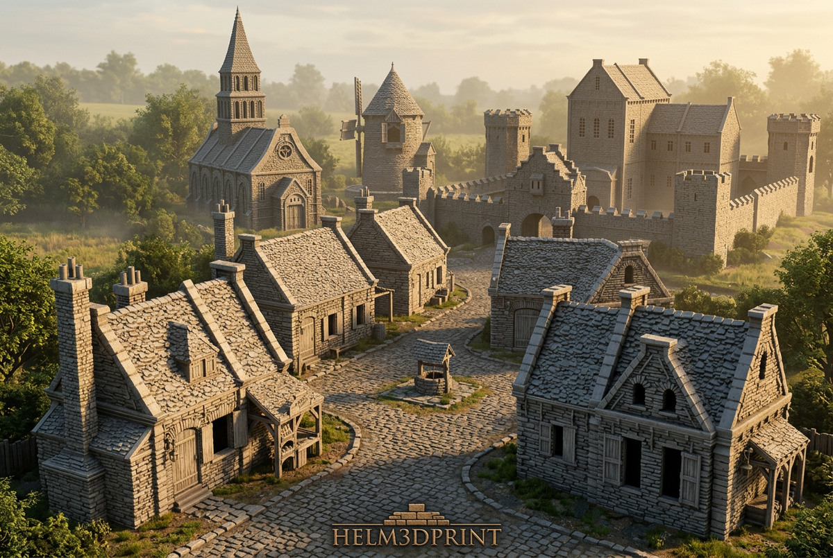 Greendale : village de maisons en pierre, remparts et grands bâtiments en arrière-plan